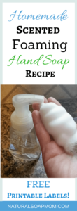 Super Simple Fun DIY Foaming Hand Soap recipe with only two ingredients. It's naturally scented with essential oils. Learn how to make foaming hand soap in minutes - you just need a foaming hand soap dispenser. My 5-year-old whips it up in a flash and you can too. Find out how - click now. Foaming hand soap recipe - FREE printable! @naturalsoapmom.com #handsoaps #handmade #easydiy #easydiyhomedecor #soapmaking #soapmakingsupplies #soapmaker
