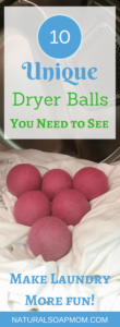Cute Dryer Balls eliminate static cling and make a statement. Naturally scent your laundry with essential oils. These are the best dryer balls if you want to make a statement. They come in colors and different patterns. make laundry more fun! DIY dryer balls were a flop for me - you don't need to learn how to make dryer balls. Cute dryer balls are just a click away. @naturalsoapmom.com #dryerballs #staticcling #dryersheets #laundrytips #naturalhome #naturallaundryroom