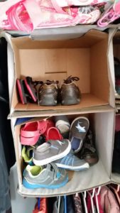No Mudroom? No problem! Kids shoe organization is easy with these DIY closet storage solutions. An entryway closet can be a great substitute for a mudroom. Cubbies work great for small spaces. Kids shoe storage and kids shoe organization solutions in 10 minutes or less! @naturalsoapmom.com #nomudroom #kidsshoes #nomudroomsolution #kidsshoeorganization #noshoes #noshoesinthehouse #greencleaning #nontoxickids