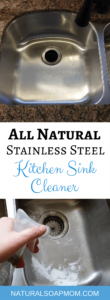 Tired of a dirty looking sink? Learn how to make your own DIY kitchen sink cleaner for your stainless steel sink or white porcelain sink. These cleaning tips using baking soda, lemon, and essential oils make quick work of stuck on messes. Learn how to clean a stainless steel sink with your own homemade sink cleaning scrub. Click to get your sink cleaning hacks and get a clean sink again! @naturalsoapmom.com #sinkcleaner #kitchencleaning #kitchencleaningkits #kitchencleaner #sinkscrub #kitchensinkclean #cleankitchen #cleankitchenatnight #cleankitchens #sinkcleaning #cleankitchens #dirtysink #dirtysinks #stainedsink #allnatural #sanitize