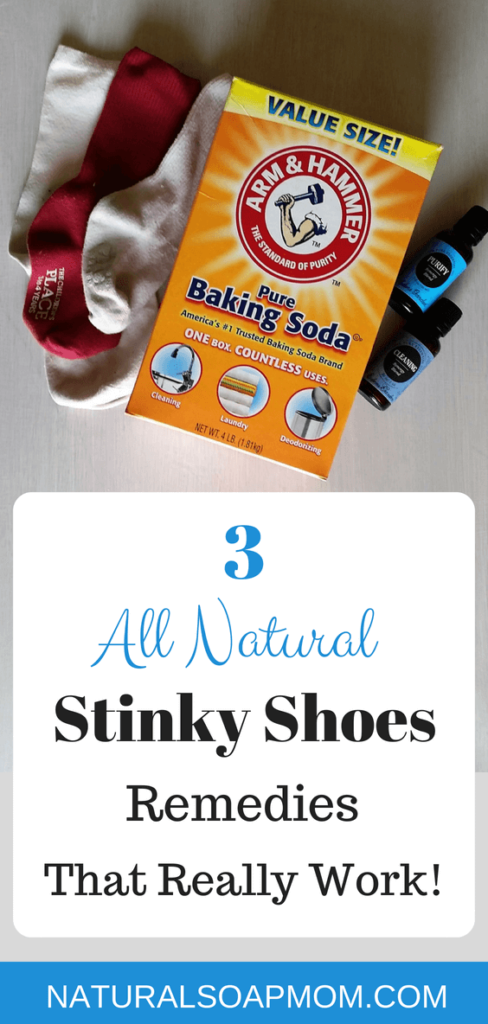 Got stinky shoes? Learn how to banish stinky shoes and feet for good with an all natural stinky shoes remedy. Choose from 3 all natural stinky shoes remedies - essential oils, baking soda, or spray. Many options to choose from. Banish boot odor too. No more stinky kids sports shoes and cleats with these 3 stinky shoes tips! @naturalsoapmom.com #stinkyshoes #myshoesstink #stinkyfeet #naturalremedies #elminatefoododor