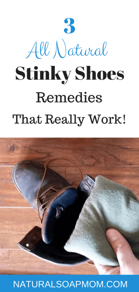 Got stinky shoes? Learn how to banish stinky shoes and feet for good with an all natural stinky shoes remedy. Choose from 3 all natural stinky shoes remedies - essential oils, baking soda, or spray. Many options to choose from. Banish boot odor too. No more stinky kids sports shoes and cleats with these 3 stinky shoes tips! @naturalsoapmom.com #stinkyshoes #myshoesstink #stinkyfeet #naturalremedies #elminatefoododor