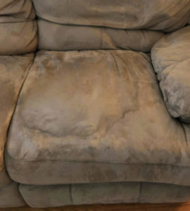 Learn @naturalsoapmom how to get stains out of couch cushions the easy way. Make your couch look new again! When you clean your couch cushion fabric you'll remove stains and remove odors. No more stinky couch! This DIY couch cleaning solution is fast and cheap. You only need a few basic items to succeed. Don't get a new couch, clean it! Works on all types of fabrics too. I'll show you how with this microfiber couch. #cleancouch #couchcleaning #couchstains #stainedcouch #kidmess #messykids